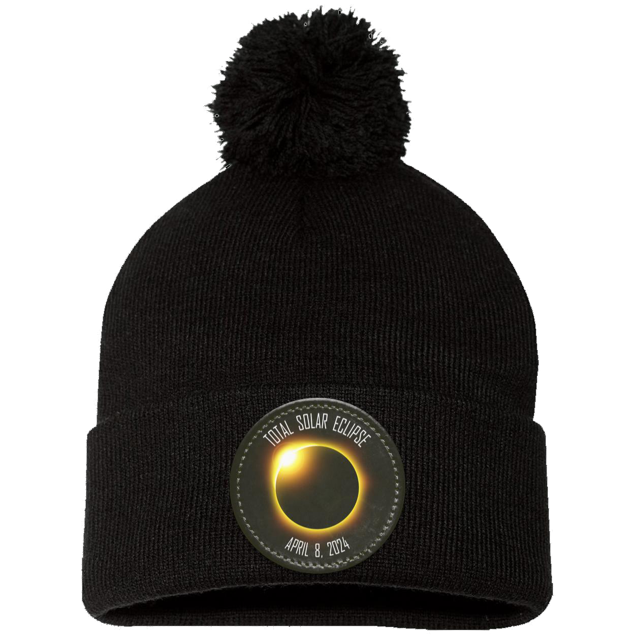 Total Solar Eclipse April 8 2024 elipse beanie, Pom Pom Knit Cap - Patch