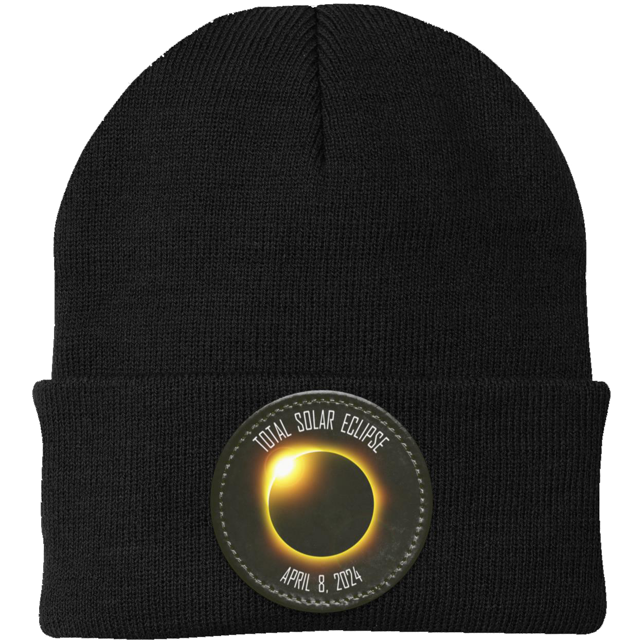 Total Solar Eclipse beanie, 2024 eclipse, April 8 2024 solar eclipse gifts, Knit Cap - Patch - GoneBold.gift
