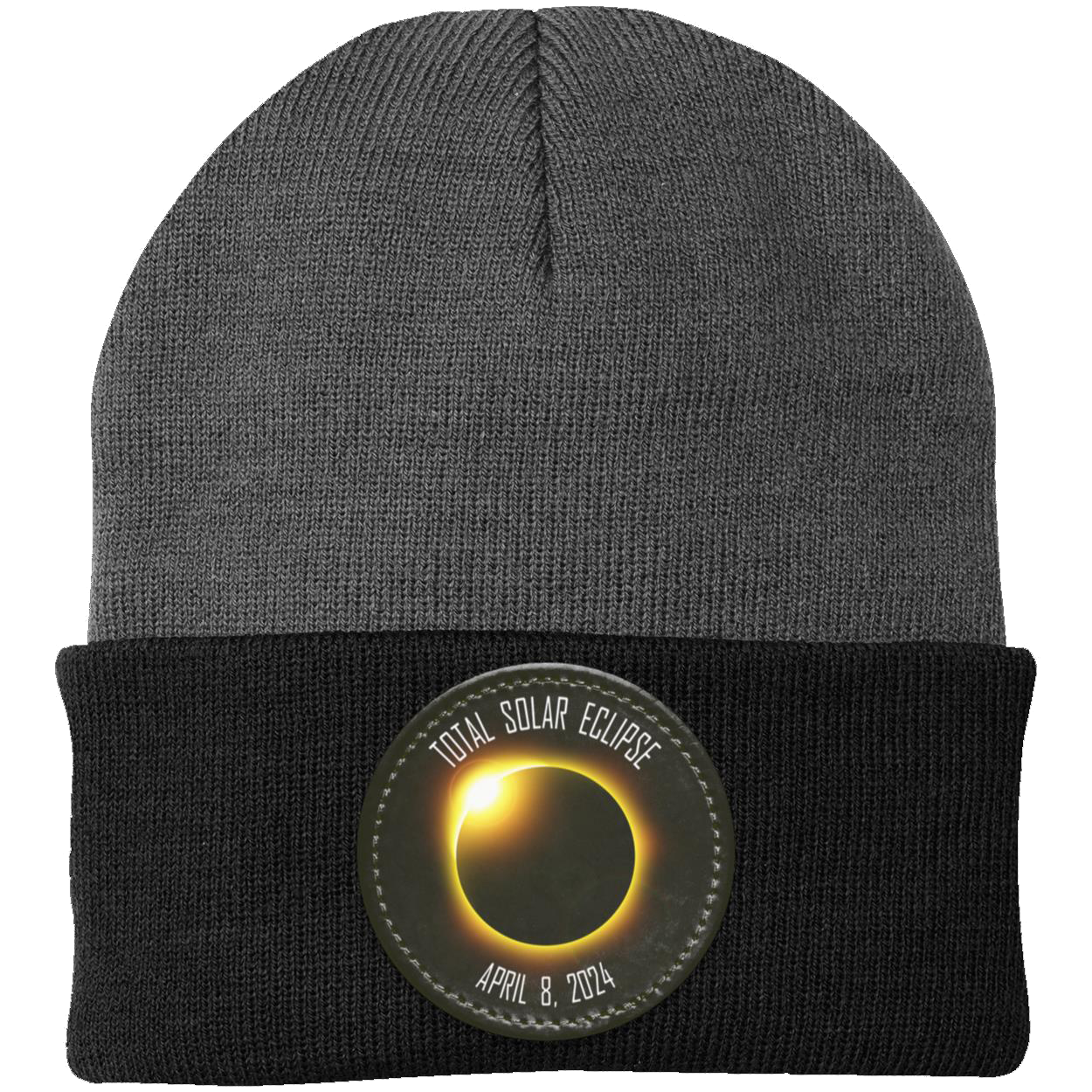 Total Solar Eclipse beanie, 2024 eclipse, April 8 2024 solar eclipse gifts, Knit Cap - Patch - GoneBold.gift