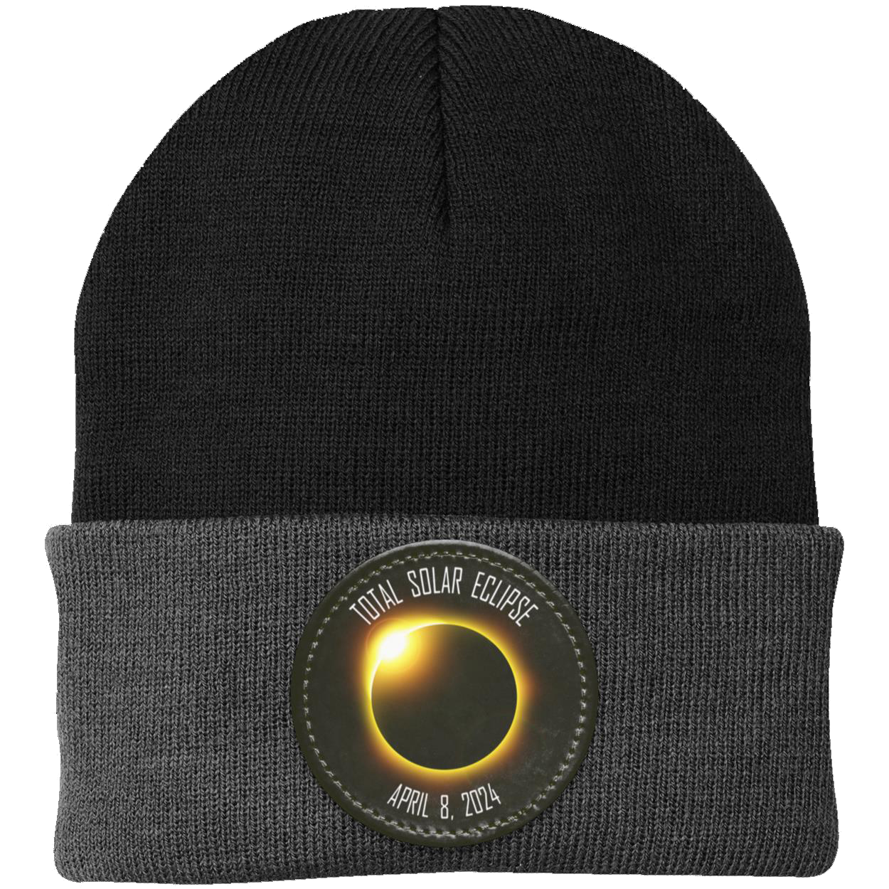Total Solar Eclipse beanie, 2024 eclipse, April 8 2024 solar eclipse gifts, Knit Cap - Patch - GoneBold.gift