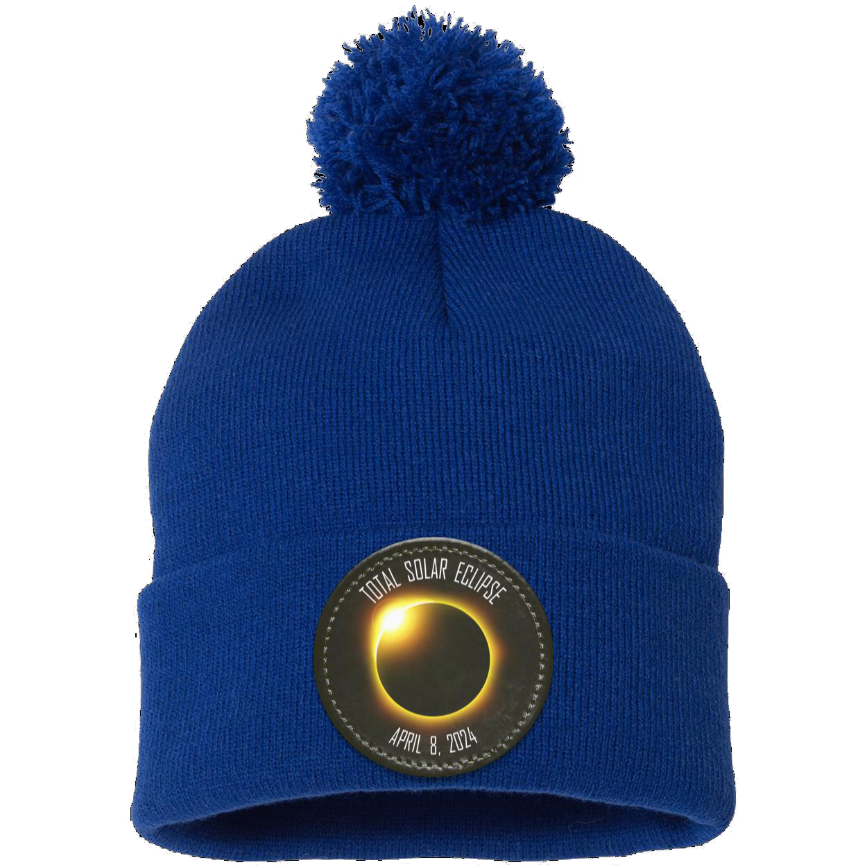 Total Solar Eclipse April 8 2024 elipse beanie, Pom Pom Knit Cap - Patch