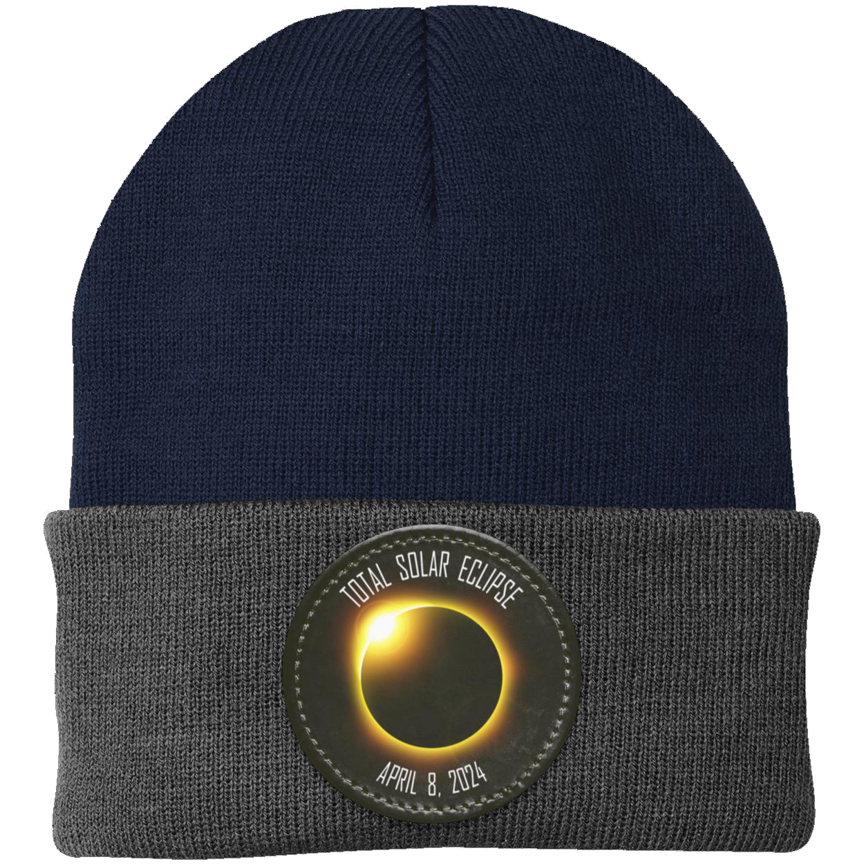 Total Solar Eclipse beanie, 2024 eclipse, April 8 2024 solar eclipse gifts, Knit Cap - Patch - GoneBold.gift