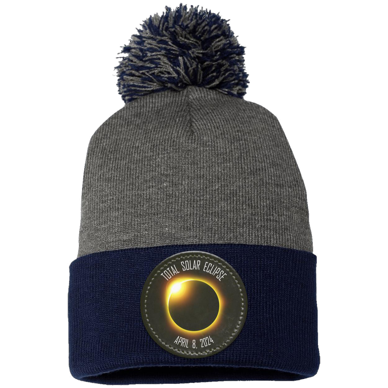 Total Solar Eclipse April 8 2024 elipse beanie, Pom Pom Knit Cap - Patch