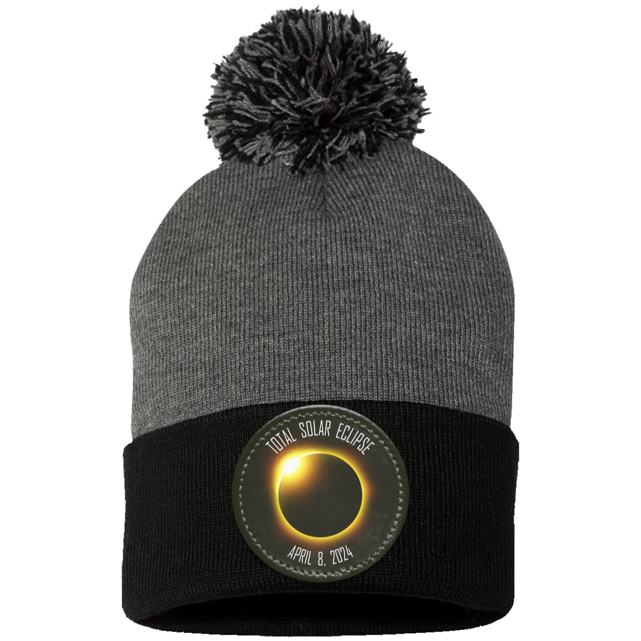 Total Solar Eclipse April 8 2024 elipse beanie, Pom Pom Knit Cap - Patch