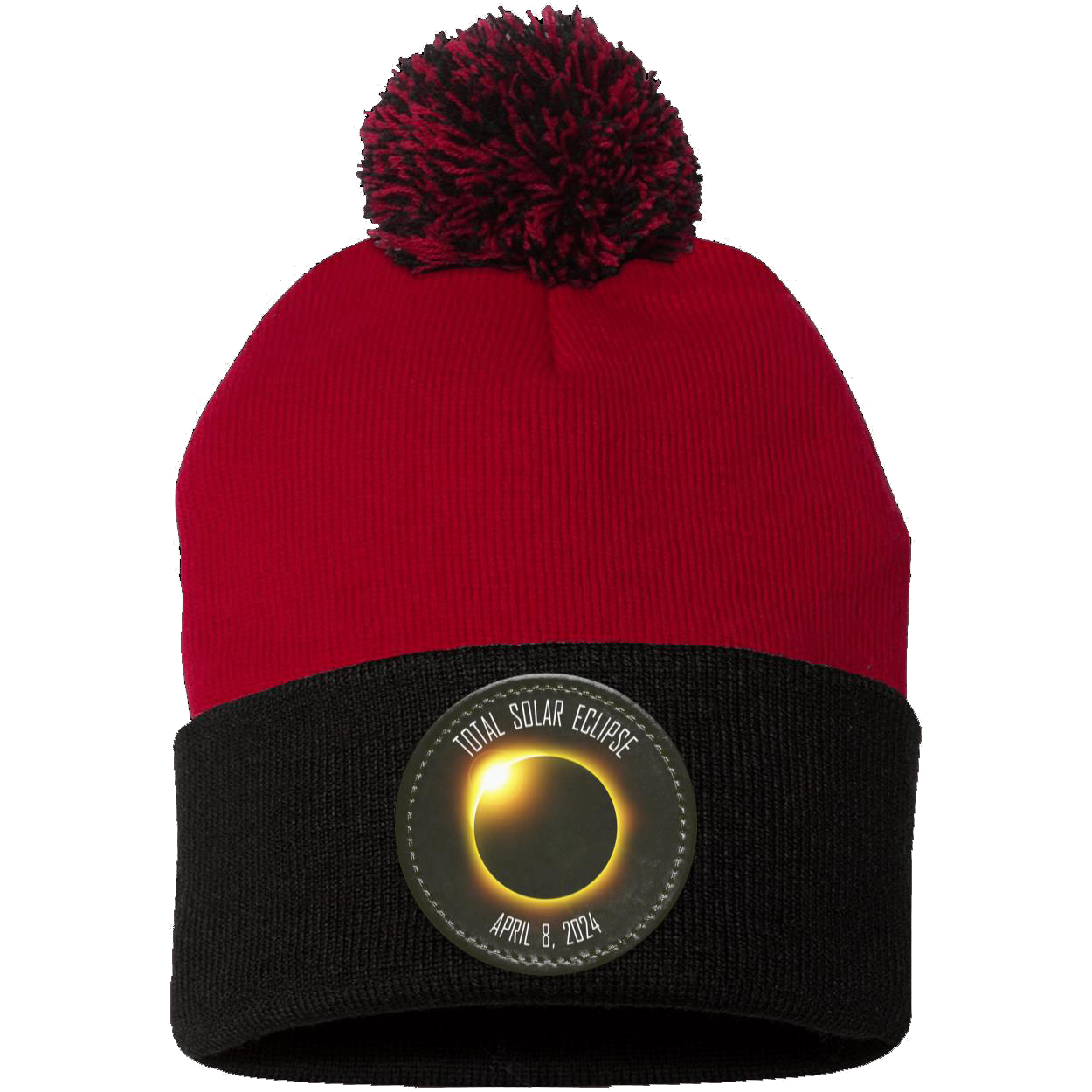 Total Solar Eclipse April 8 2024 elipse beanie, Pom Pom Knit Cap - Patch