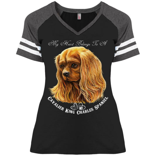 Cavalier King Charles Spaniel Ruby My Heart Ladies' Game V-Neck T-Shirt - GoneBold.gift